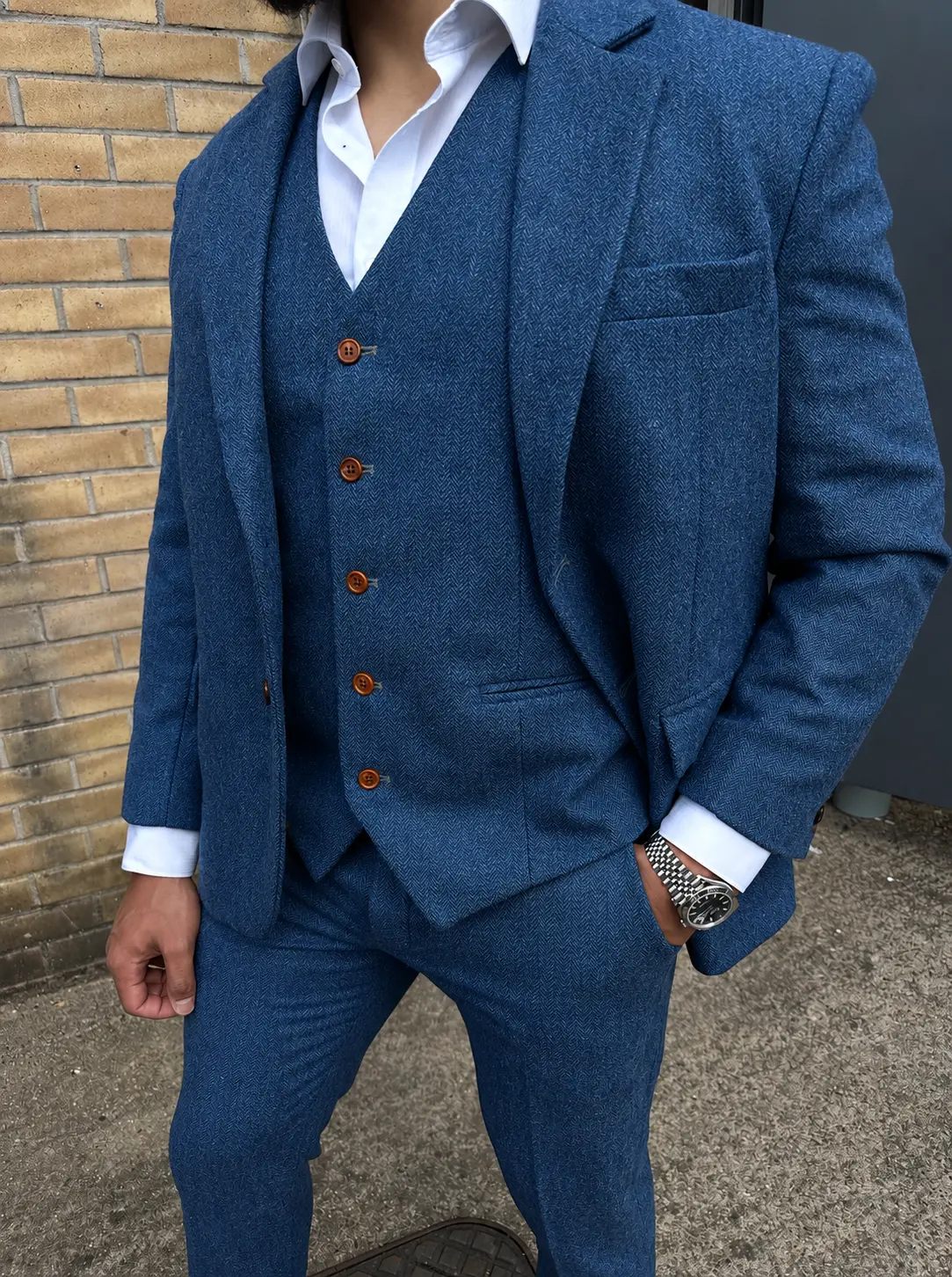 Slate Blue Herringbone Three Piece Suit