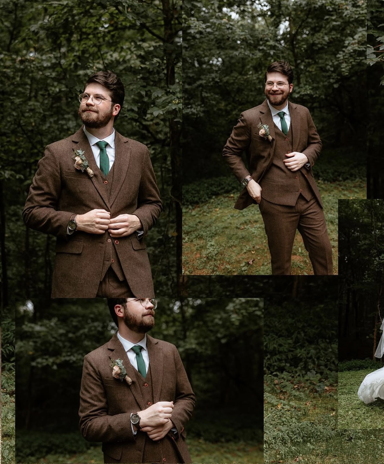 Groom in a chestnut brown tweed three piece suit with a green tie