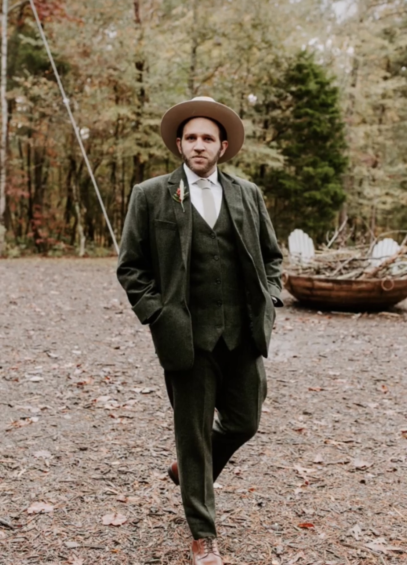 Moss Green Herringbone Three Piece Suit