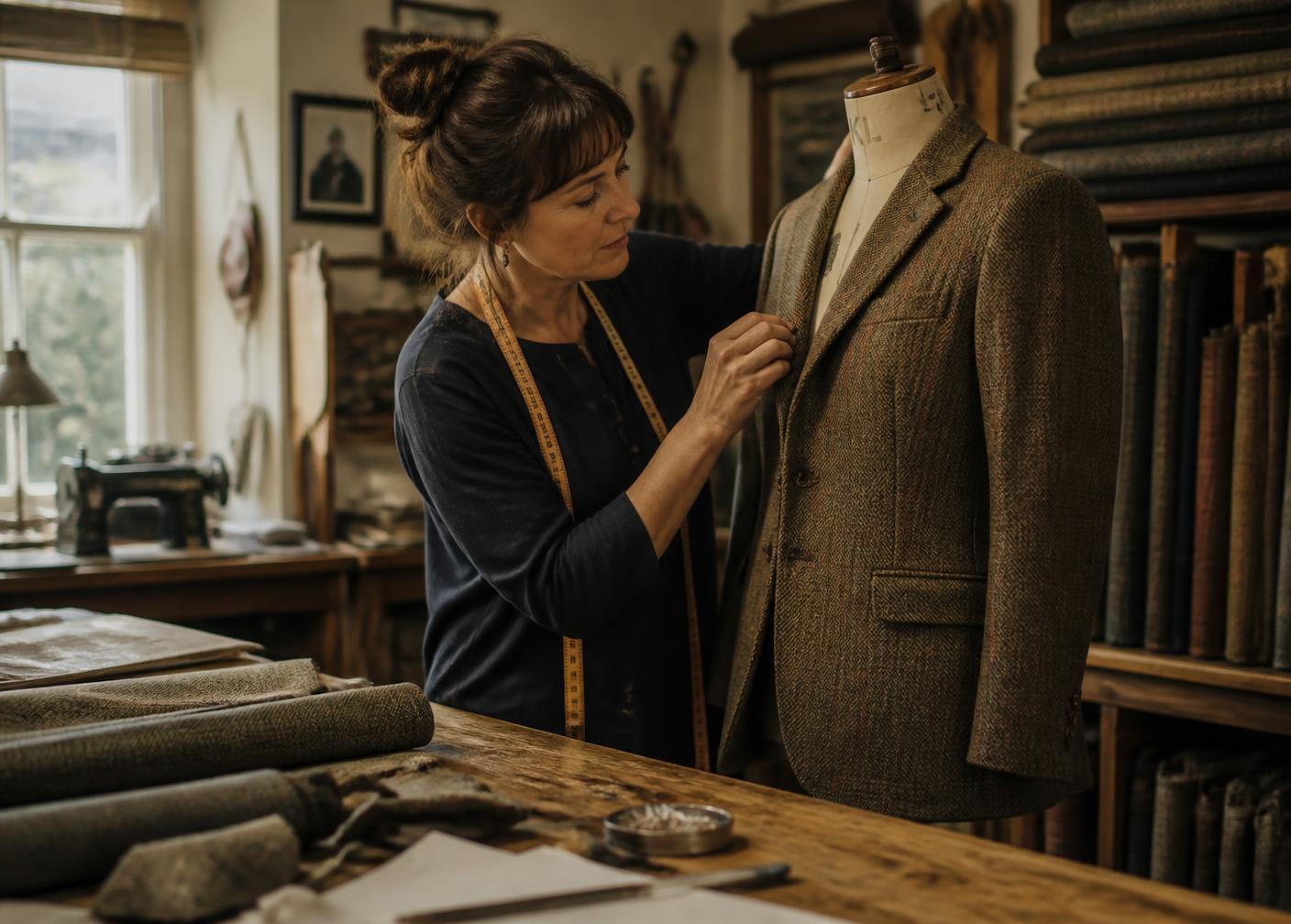 Nat pinning a tweed jacket on a dress form in her workshop